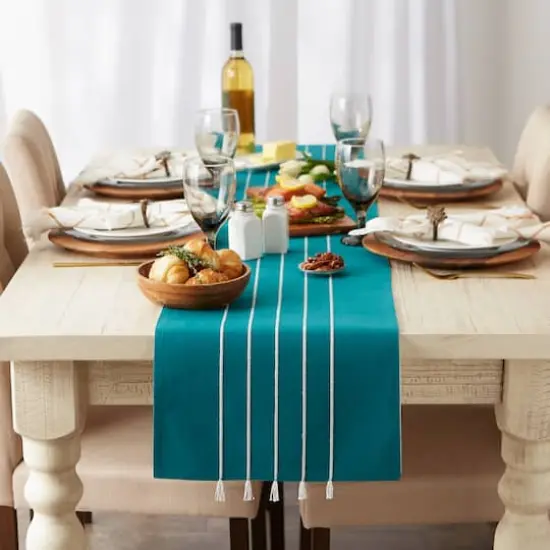 DII&reg; 108" Striped Tassel Table Runner Teal/Off White {5}