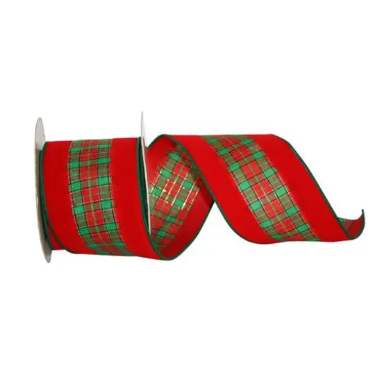 JAM Paper 2.5" x 10yd. Red & Green Tartan Wired Plush Velvet Ribbon {1}