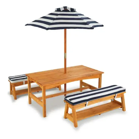KidKraft Navy & White Stripes Outdoor Table & Bench Set with Cushions & Umbrella {1}