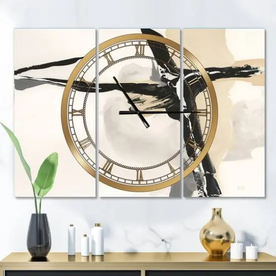 Designart Creamy Tan Form 3 Panel Modern Wall Clock {3}