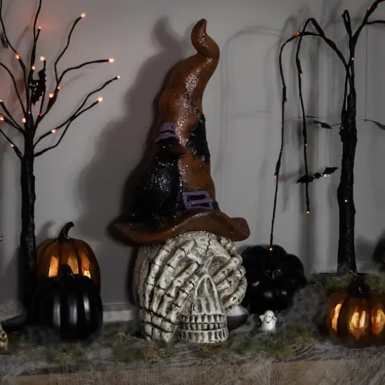 22.75" Skull in Witches Hat with Crow Halloween Decoration {3}