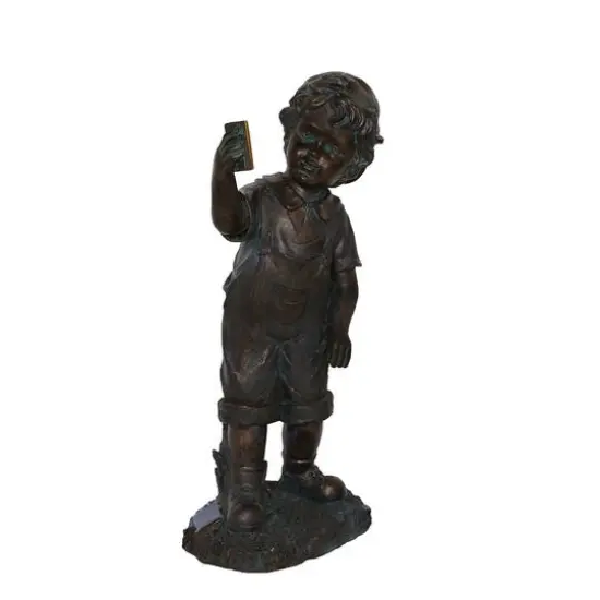 18" Distressed Black & Bronze Boy with Cell Phone Solar Powered LED Outdoor Garden Statue {1}