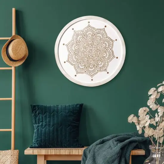 American Art D&eacute;cor&trade; 17" White and Brown Boho Farmhouse Wood Framed Wall Medallion {3}