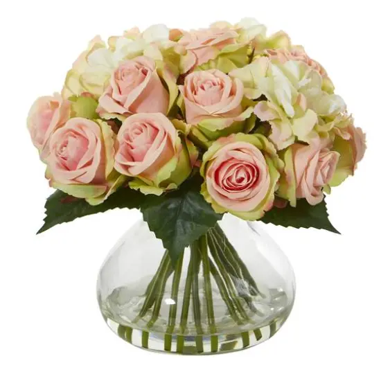 10" Light Pink Rose & Hydrangea Arrangement in Glass Vase {1}