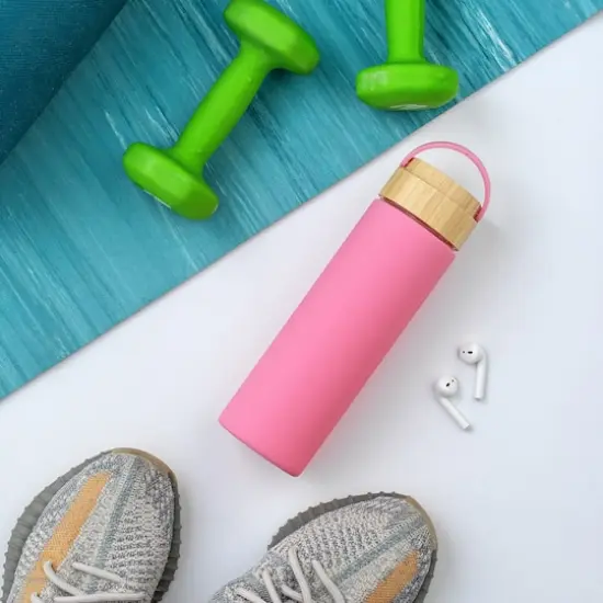 JoyJolt&reg; 20oz. Glass Water Bottle with Carry Strap & Non Slip Silicone Sleeve Pink {6}