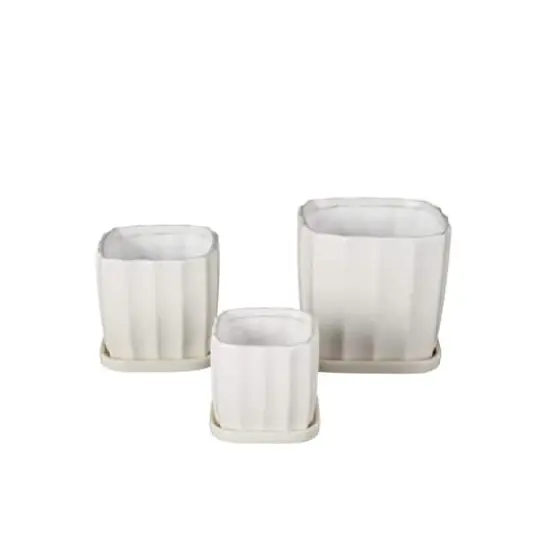 White Square Wide Groove Textured Ceramic Planter Set {4}