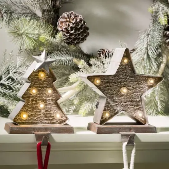 Glitzhome&reg; 8" Marquee LED Christmas Tree & Star Wooden & Metal Stocking Holder Set {4}