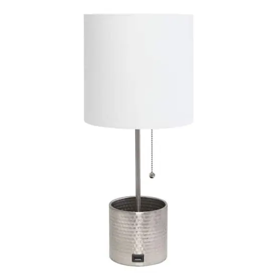 Simple Designs 18.5" Hammered Metal Container Base Table Lamp with USB Charging Port White/Brushed Nickel {1}