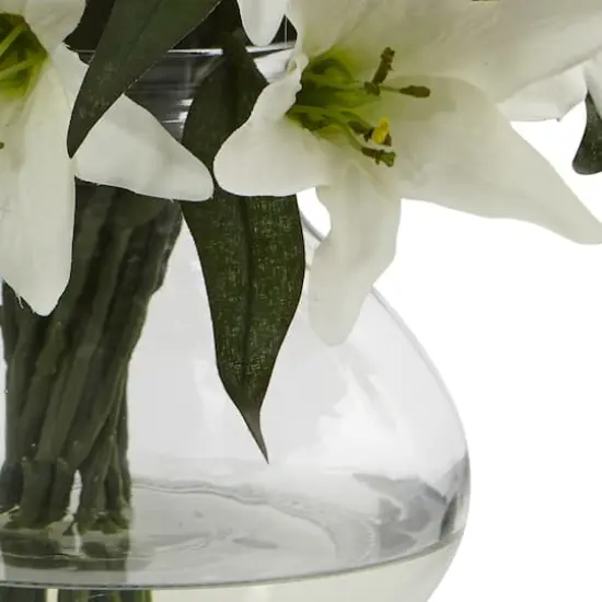 16" White Lily Silk Arrangement with Glass Vase {4}
