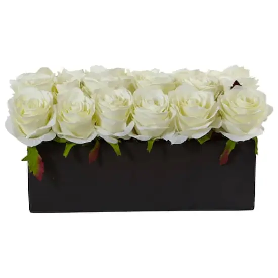 6" White Dozen Roses in Black Rectangular Ceramic Planter {5}