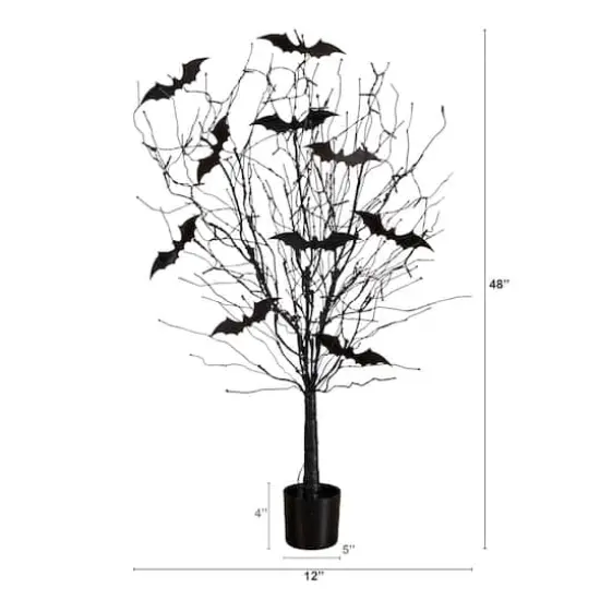 4ft. Pre-Lit Artificial Halloween Black Twig Tree with Bats and 50 Orange LED Lights {3}