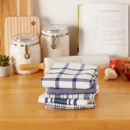 DII&reg; Assorted Nautical Blue Woven Dishtowels Set {4}