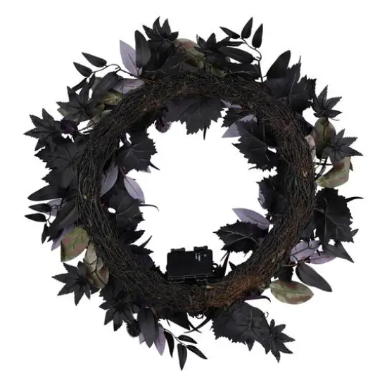 24" Scare in the Air Purple & Black Flower Halloween Pre-Lit LED Wreath {5}