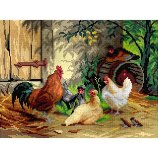 Orchidea Needlepoint Canvas For Halfstitch Without Yarn After Carl Jutz The Elder - Chickens In Front Of The Stable - Printed Tapestry Canvas {1}