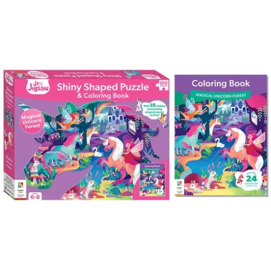 Hinkler Jr. Jigsaw Magical Unicorn Forest Shiny Shaped 100 Piece Puzzle & Coloring Book {7}