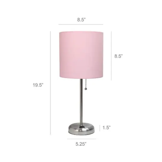 LimeLights 19.5" Stick Lamp with Charging Outlet and Fabric Shade Brushed Steel and Light Pink {4}