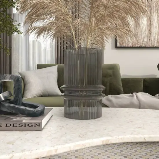 12" Gray Glass Wide Ribbed Vase with Fluted Center {9}