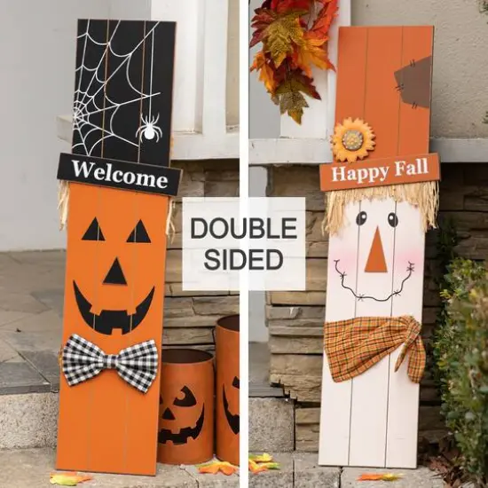 Glitzhome&reg; 36" Double Sided Wooden Scarecrow & Pumpkin Porch D&eacute;cor For Halloween & Fall {3}