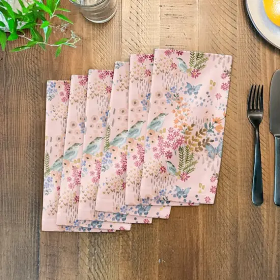 Butterfly Bird Floral Cotton Twill Napkin Pink {4}