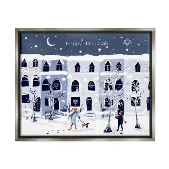 Stupell Industries Happy Hanukkah Winter City Scene Framed Floater Canvas Wall Art Gray {1}