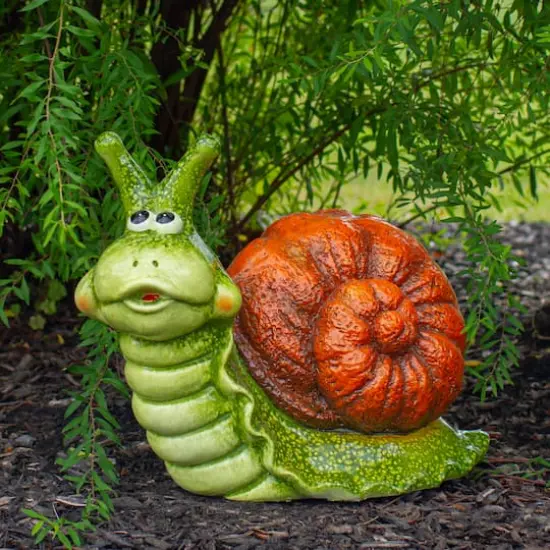 13.5" Green & Brown Snail Outdoor Garden Statue {3}