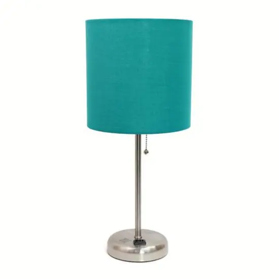 LimeLights 19.5" Stick Lamp with Charging Outlet and Fabric Shade Brushed Steel and Teal {1}