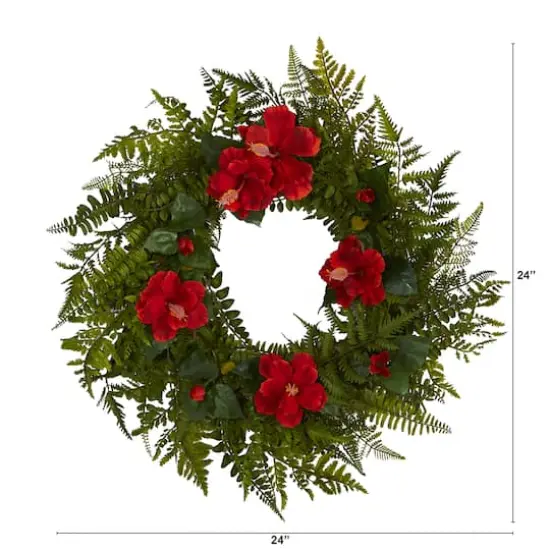 24" Mixed Fern & Hibiscus Artificial Wreath {3}