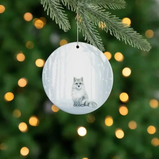 White & Silver Porcelain Arctic Fox Disc Ornament {7}