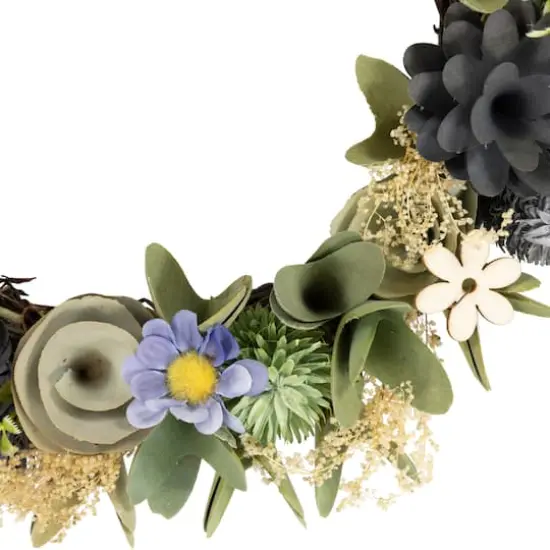 10.5" Green & Blue Wooden Mixed Floral Artificial Spring Wreath {4}