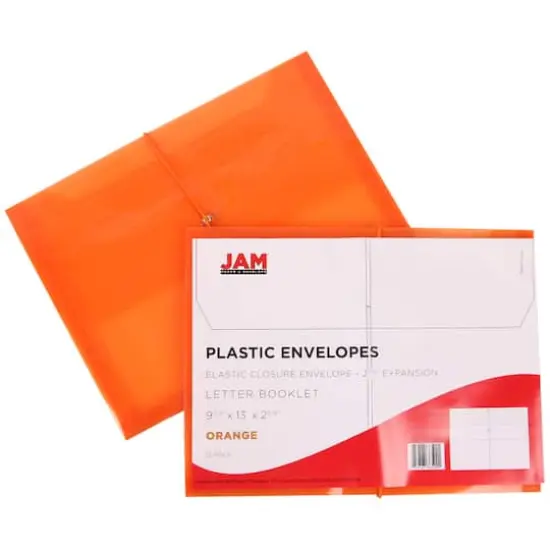 JAM Paper 9.75" x 13" Plastic Elastic Band Closure Expansion Envelopes, 12ct. Orange {6}