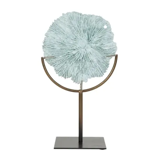 12" Light Blue Polystone Coral Textured Sculpture with Bronze Stand {5}