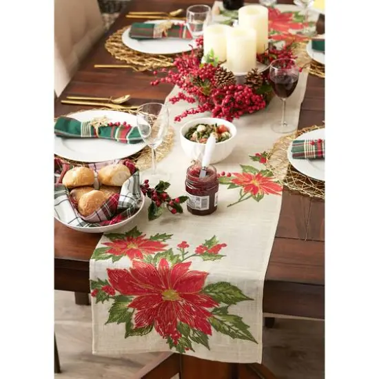 DII&reg; 70" Cream Poinsettia Holly Embroidered Table Runner {9}