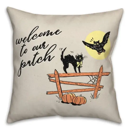 Retro Black Cat & Owl Welcome to Our Patch Spun Poly Throw Pillow {1}