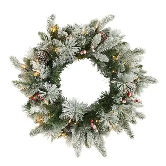20" LED Flocked Mixed Pine & Berry Artificial Christmas Wreath {1}