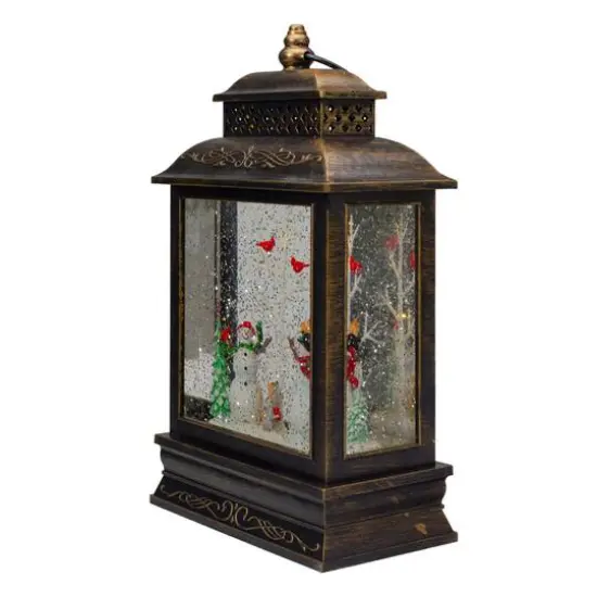 12" Musical Lighted Black Christmas Snow Globe Lantern with Snowmen {6}