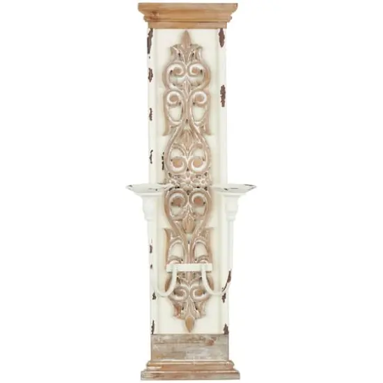 29" Brown Wood Pillar 2 Plate Scroll Wall Sconce {4}