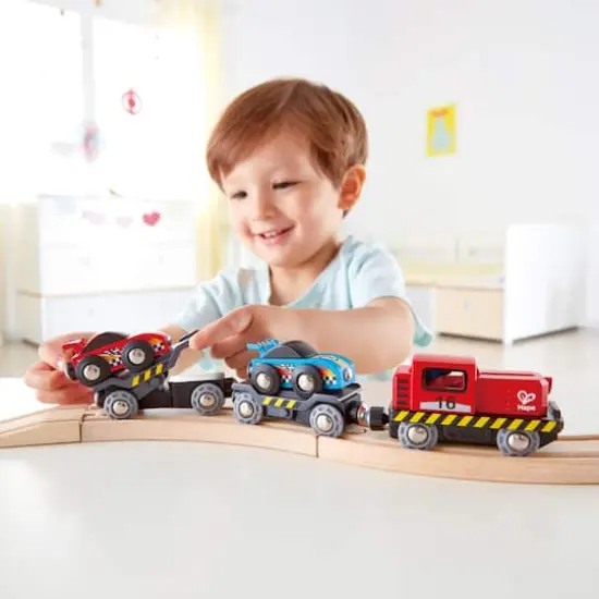 Hape Race Car Transporter Loading & Towing Playset {3}