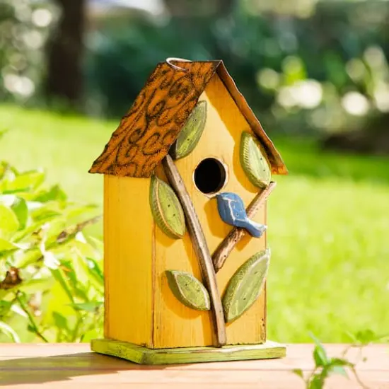 Glitzhome&reg; 9.75" Yellow Distressed Bird & Tree Birdhouse {4}