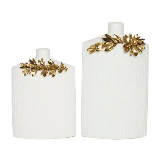 White & Gold Leaf Accent Ceramic Vase Set {1}