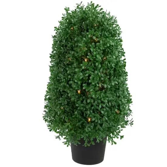18" Pre-Lit Artificial Boxwood Cone Topiary Tree with Round Pot, Clear Lights {1}