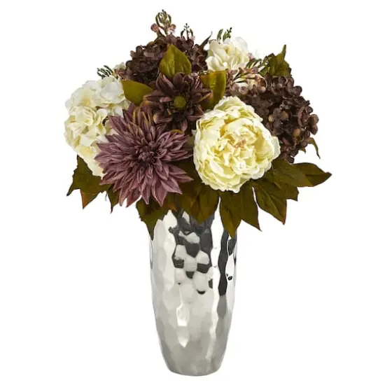 22" Peonies, Hydrangeas & Dahlias in Silver Vase {1}