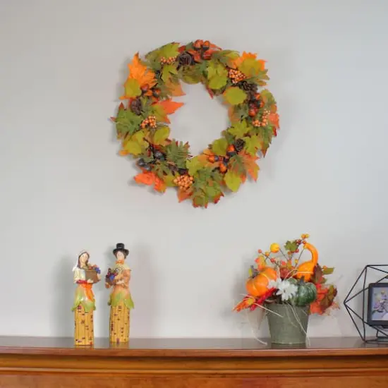 20" Autumn Harvest Maple Leaf, Berry, Pine Cone and Acorn Artificial Thanksgiving Wreath {3}
