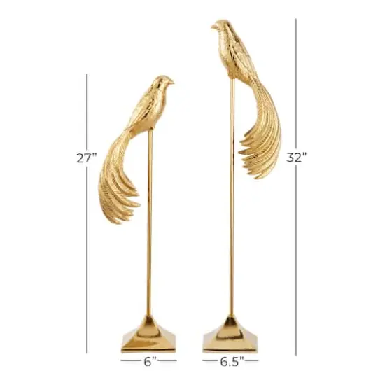Set of 2 Gold Aluminum Eclectic Bird Sculpture, 32", 27" {6}