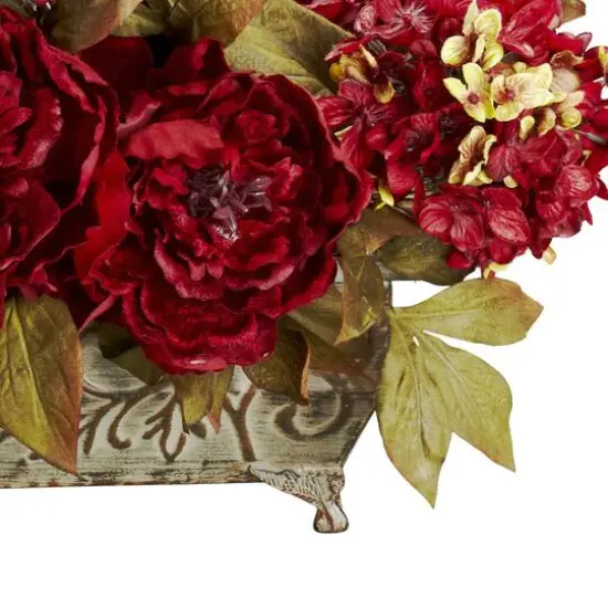 18" Red Peony & Hydrangea Arrangement in Decorative Planter {4}