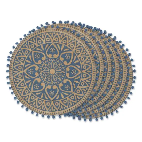 French Blue Block Print On Natural Round Jute Placemat (Set of 6) {1}