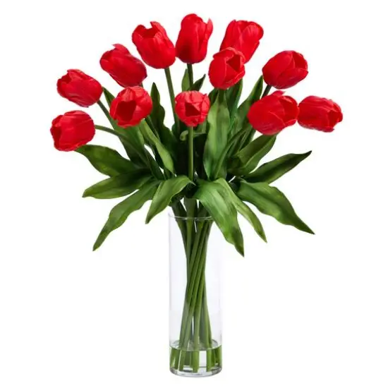 23" Artificial Tulip Arrangement with Cylinder Glass Vase Red {1}