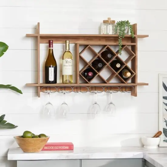 34" Brown Wood Farmhouse Wine Rack {9}