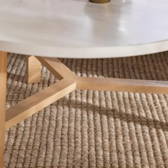 Faux White Marble & Light Oak Mid Century Modern Round Coffee Table {6}
