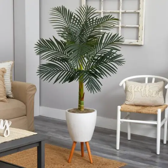 6.5ft. Golden Cane Palm Tree in White Planter with Stand {7}
