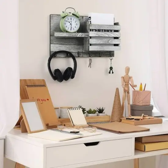 NEX&trade; Olive Green Vintage Wooden Mail Shelf with 6 Key Hooks {6}